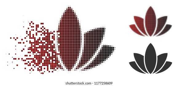 Lotus flower icon in dissolved, pixelated halftone and undamaged solid versions. Fragments are grouped into vector disappearing lotus flower icon.