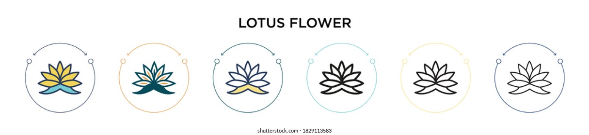 Lotus flower icon in filled, thin line, outline and stroke style. Vector illustration of two colored and black lotus flower vector icons designs can be used for mobile, ui, web