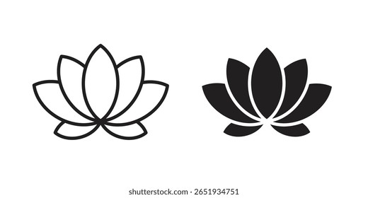 Ícone de flor de lótus. Versões plana e traçado. Elementos gráficos.