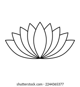 Lotus flower icon, flat style outlined white color vector symbol object. Nine petals floral label, yoga, wellness industry, meditation logo. Isolated on white background.