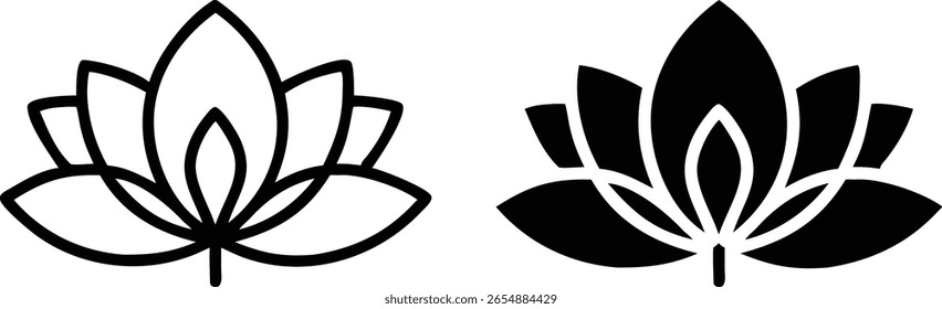 Lotus Flower Icon Set – Símbolo de Vector blanco y negro para bienestar, spa y yoga