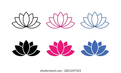 Lotus flower icon set. Blooming water lily symbol.  Vector design in outline and solid styles in black, pink, and blue. wellness, spa, yoga, meditation, beauty and harmony sign. Floral nature concept