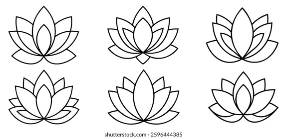 Lotus flower icon. Set of drawn lotus flowers isolated on white background. Linear flowers. Vector illustration
