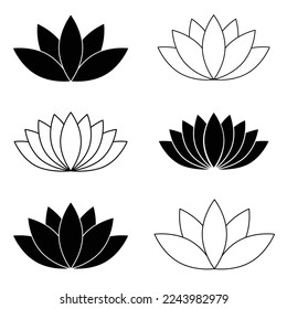 Lotus flower icon, lotus set flat style black and white color vector symbol objects. Floral label, yoga, wellness industry, meditation logo. Isolated on white background.