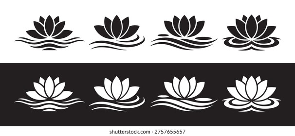 Lotus Flower Icon Set Floating on Stylized Water Waves in Clean Black and White Minimalist Design.
