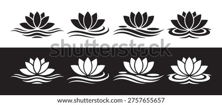 Lotus Flower Icon Set Floating on Stylized Water Waves in Clean Black and White Minimalist Design.