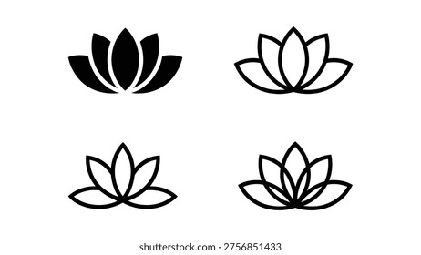 lotus flower icon set with solid and outline styles minimal floral symbol black vector illustration for spa yoga and wellness design