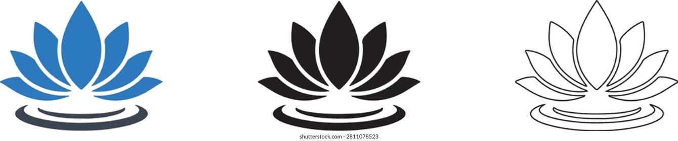 Lotus Flower Icon Set with Solid Blue, Solid Black and Outline Water Lily Meditation Symbols Transparent PNG