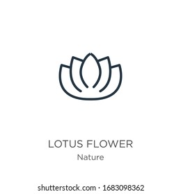 Icono de flor de Lotus. Icono lineal delgado del contorno de flores de loto aislado en fondo blanco de la colección natural. Signo vectorial de línea, símbolo para web y móvil