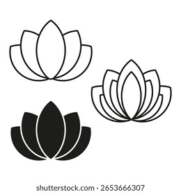 Ícones de flores do Lotus. Símbolos de flor sagrada. Formas pétalas mínimas. Emblema zen vetorial. EPS 10.