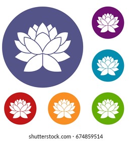 Lotus flower icons set in flat circle reb, blue and green color for web