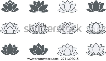 Lotus flower icons set showcasing various minimalist designs, outlines, and filled shapes, symbolizing peace, yoga, and meditation.