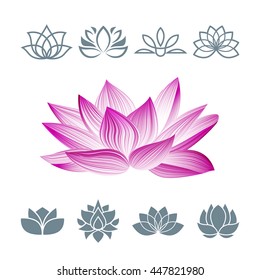 Lotus Flower Icons Set. Vector Floral Logo. Oriental Symbol Isolated on White. Silhouettes Concept for Spa Centers, Yoga Classes etc.