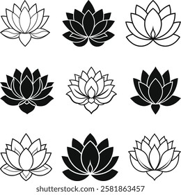 Lotus Flower Icons Set, Lotus Flower Vectors Silhouette Illustration