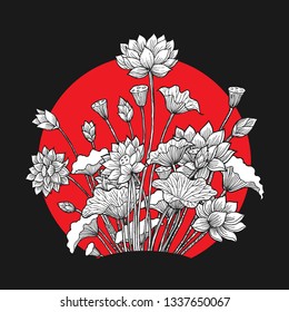 Lotus Flower Illustration, Black and White Hand Drawn Sketch, Isolated Vector