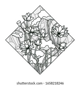 Lotus Flower Illustration In Rhombus Shape, Monochrome Color, Isolated Vector