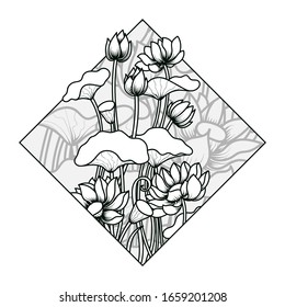 Lotus Flower Illustration In Rhombus Shape, Monochrome Color, Isolated Vector