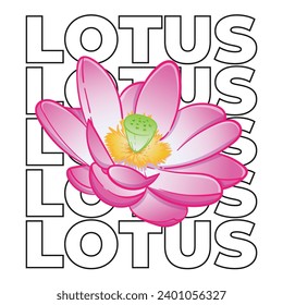 Lotus flower illustration with text behind it. Suitable for designs on t-shirts, jackets, hoodies, sweaters, stickers, etc.