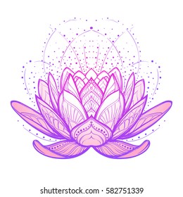 Lotus flower. Intricate stylized linear drawing isolated on white background. Concept art for Hindu yoga and spiritual designs. Tattoo design. EPS10 vector illustration.