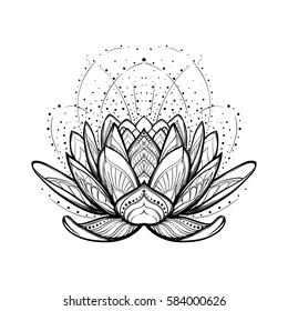 Lotus flower. Intricate stylized linear drawing isolated on white background. Concept art for Hindu yoga and spiritual designs. Tattoo design. EPS10 vector illustration.