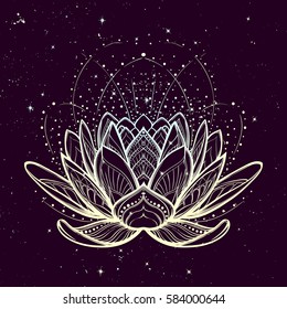 Lotus flower. Intricate stylized linear drawing on starry nignt sky background. Concept art for Hindu yoga and spiritual designs. Tattoo design. EPS10 vector illustration.