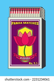 Lotus Flower (kamal) vector icon. illustration in Matchbox and matches illustration. Vintage and antique matchbox packaging design illustration. retro style packaging. old style. open box template.