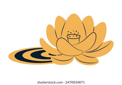 Lotus flower with leaf flat hand drawn illustration. Dragon Boat Festival, Mid Autumn Festival, traditional holiday clip art, card, banner, poster element. Asian style design, isolated vector.