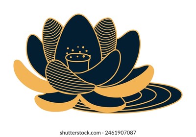 Lotus flower with leaf line art hand drawn illustration. Dragon Boat Festival, Mid Autumn Festival, traditional holiday clip art, card, banner, poster element. Asian style design, isolated vector.