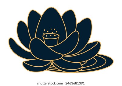 Lotus flower with leaf line art hand drawn illustration. Dragon Boat Festival, Mid Autumn Festival, traditional holiday clip art, card, banner, poster element. Asian style design, isolated vector.