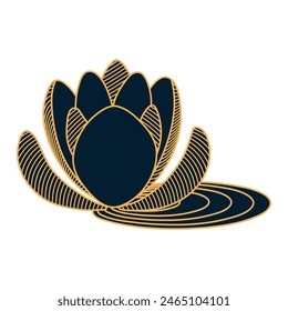 Lotus flower with leaf line art hand drawn illustration. Dragon Boat Festival, Mid Autumn Festival, traditional holiday clip art, card, banner, poster element. Asian style design, isolated vector.