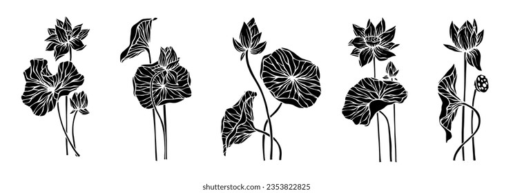 Juego de siluetas de flores y hojas de Lotus.Gráficos vectoriales.