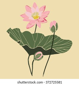 Lotus flower with leaf and two buds isolated vector design. Botanical composition on vintage paper