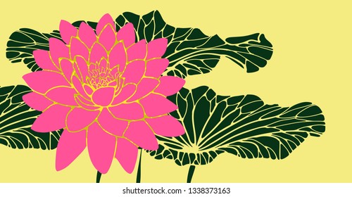 lotus flower with leaves card in bright pink green shades