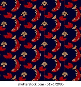 Lotus flower and leaves and fish. Stylized chinese seamless pattern.