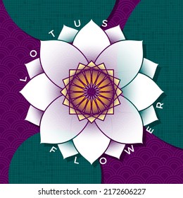 Lotus Flower and Leaves Growing on Water Top View and Logo Lettering - White and Green Elements over Purple Traditional Asian Wavy Background - Vector Mixed Graphic Design