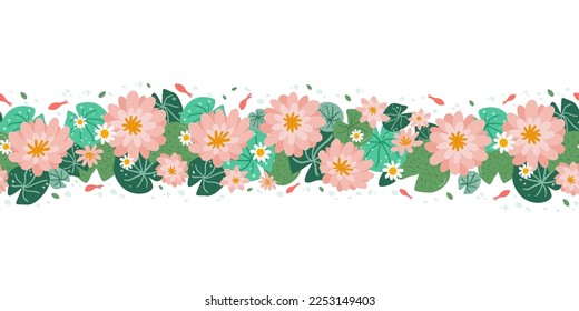 Lotus flower, leaves, koi fish horizontal seamless border. Asian water lily floral endless frame. Long repeat banner decorated pink lotus. Japanese plant vector illustration.