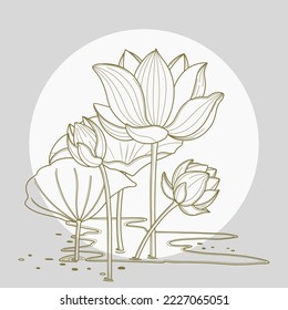 lotus flower and leaves. line art. vector composition. Design for packaging design, social media post, cover, banner, wall arts. gold color