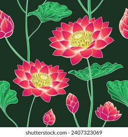 Lotus Flower and Leaves Seamless Pattern