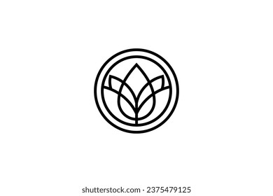 Lotus flower line art logo design in circle shape with combination of water drop elements