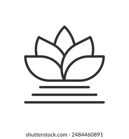 Lotus flower, in line design. Lotus flower, serenity, purity, beauty, tranquility, meditation, spirituality on white background vector. Lotus flower editable stroke icon.