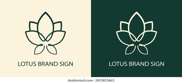 Lotus flower linear sign in elegant minimalist style. Graphic symbol, stylized flower, element for design of logo, emblem, icon, other. Vector illustration in two colors.