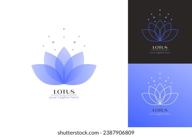 Lotus flower logo. Abstract gradient line floral zen elements with blossom and leaves. Minimalist design for spa and wellness concept. Vector set