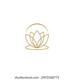 Lotus-Blumen-Logo mit Halbmond darauf in luxuriösem Gold Line Art Design-Stil