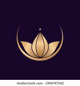 Lotus flower logo. Decorative icon. Elegant Floral style element isolated on dark background. Beauty, spa, meditation, yoga, luxury boutique sign. Metallic gold color petals. Round emblem.