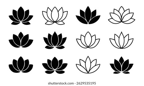 Lotus Flower Logo Icon Set with Bold Black Silhouettes and Minimal Line Styles for Wellness and Beauty Branding