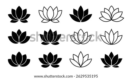 Lotus Flower Logo Icon Set with Bold Black Silhouettes and Minimal Line Styles for Wellness and Beauty Branding