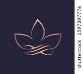 Lotus flower logo and infinity sign.Abstract ornamental artistic icon isolated on dark background.Shiny rose gold metallic vector shape.Luxury, elegant style beauty, spa, meditation yoga symbol.