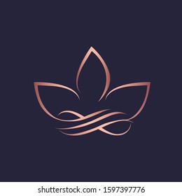 Lotus flower logo and infinity sign.Abstract ornamental artistic icon isolated on dark background.Shiny rose gold metallic vector shape.Luxury, elegant style beauty, spa, meditation yoga symbol.