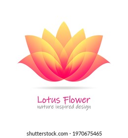 Lotus flower logo with overlapping yellow-orange gradient petals. Vector label for wellness industry, spa center, beauty salon. Floral isolated symbol on white