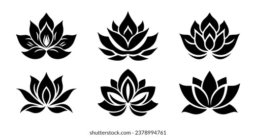 Lotus flower logo. Set of black lotus logo. Vector illustrations isolated on white background. Can be used as icon, sign or symbol - for yoga and meditation, for spa salon. Lotus silhouette.